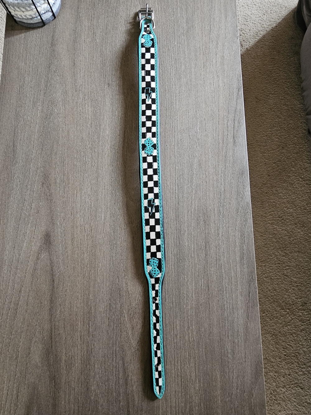 Lighten Bolt Dice And Checkerboard Dog Collar with Turquoise Trim 21.5" - 25.5"